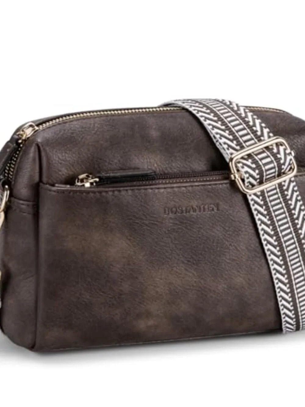 Triple Zip Vegan Leather Crossbody Purse with Guitar Strap for Women